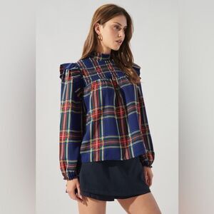 New York & Company Women's Plaid Smock Ruffle Long Sleeve Blouse Size XL